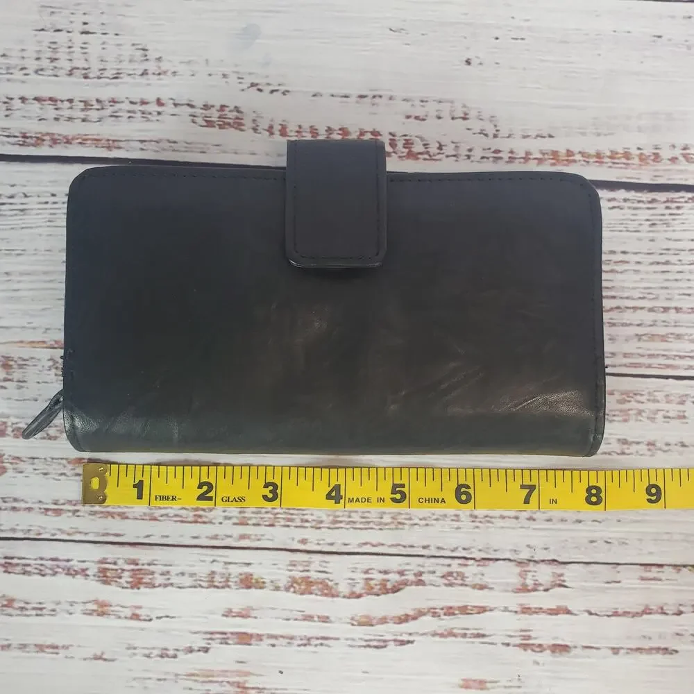 Vtg Guang Tong Black Genuine Leather Wallet Multi Pockets Basic Neutral Minimal